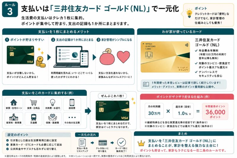 ルール3の図解。生活費の支払いを三井住友カードゴールドNLに一元化するメリットとポイントの目安