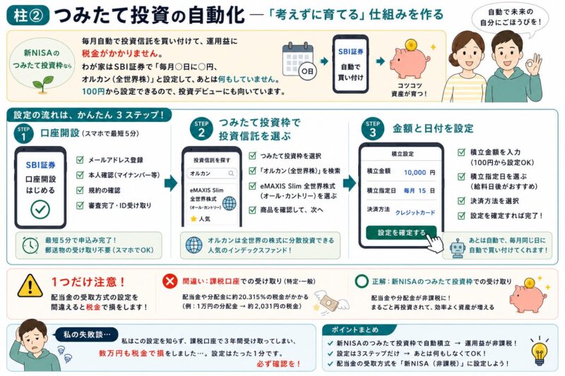 つみたて投資の自動化の図解。SBI証券の新NISAで口座開設から自動積立設定までの3ステップと配当金受取方式の注意