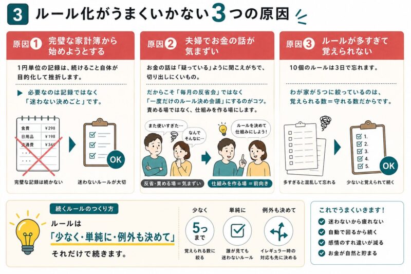 ルール化がうまくいかない3つの原因の図解。完璧な家計簿・夫婦で気まずい・ルールが多すぎる