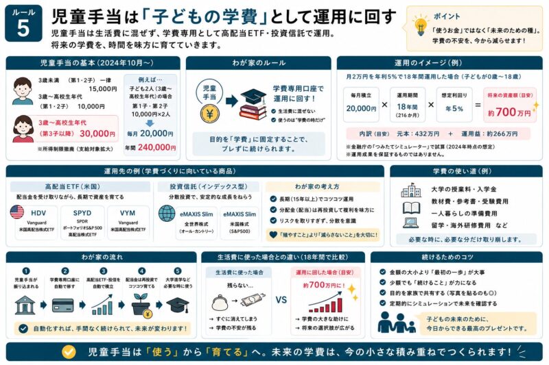 ルール5の図解。児童手当は学費として運用。2024年10月改正後の支給額と月2万円18年の試算