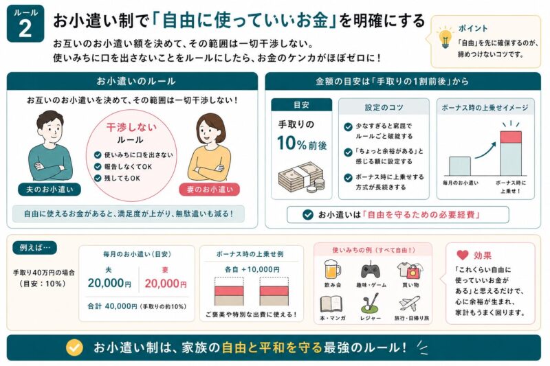 ルール2の図解。お小遣い制は手取りの1割前後を目安に、お互いの使いみちに干渉しない