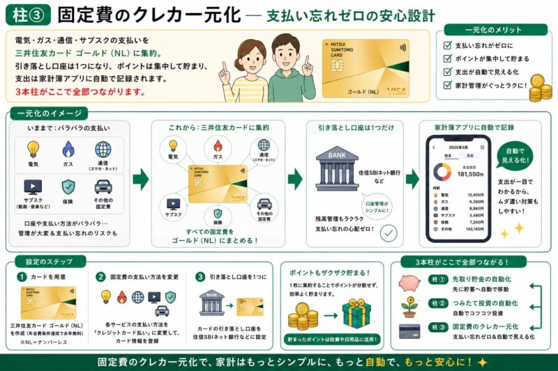 固定費のクレカ一元化の図解。三井住友カードゴールドNLに集約して支払い忘れゼロの安心設計