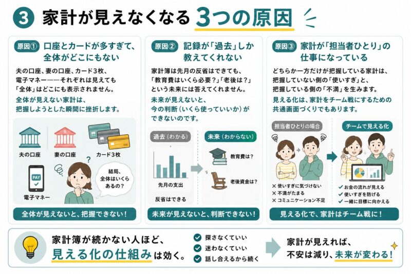 家計が見えなくなる3つの原因の図解。口座とカードの分散・記録が過去だけ・担当者ひとりの家計