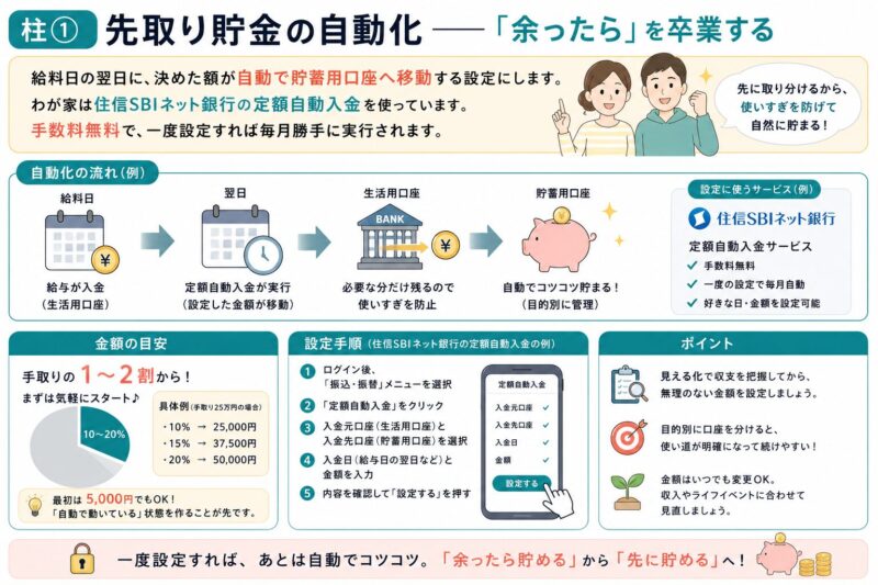 先取り貯金の自動化の図解。住信SBIネット銀行の定額自動入金で給料日翌日に自動で移動