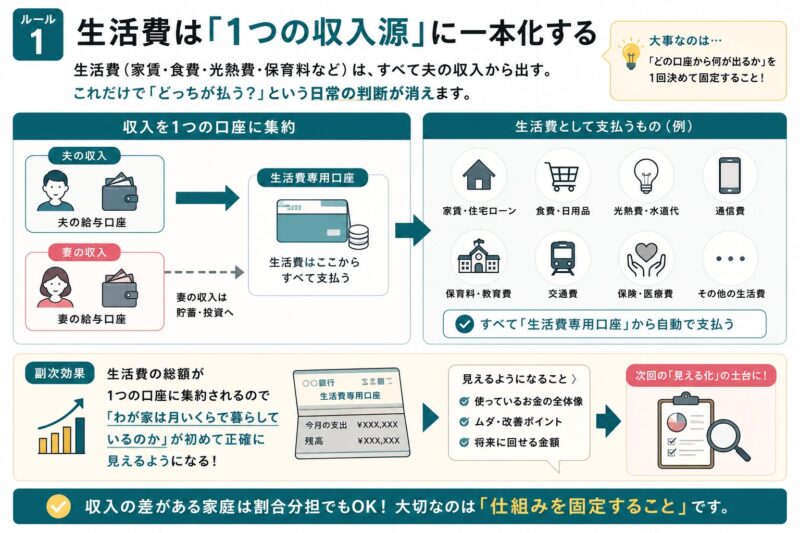 ルール1の図解。生活費を1つの収入源に一本化する仕組みと支払うものの例