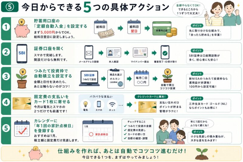家計の自動化のために今日からできる5つの具体アクションの図解
