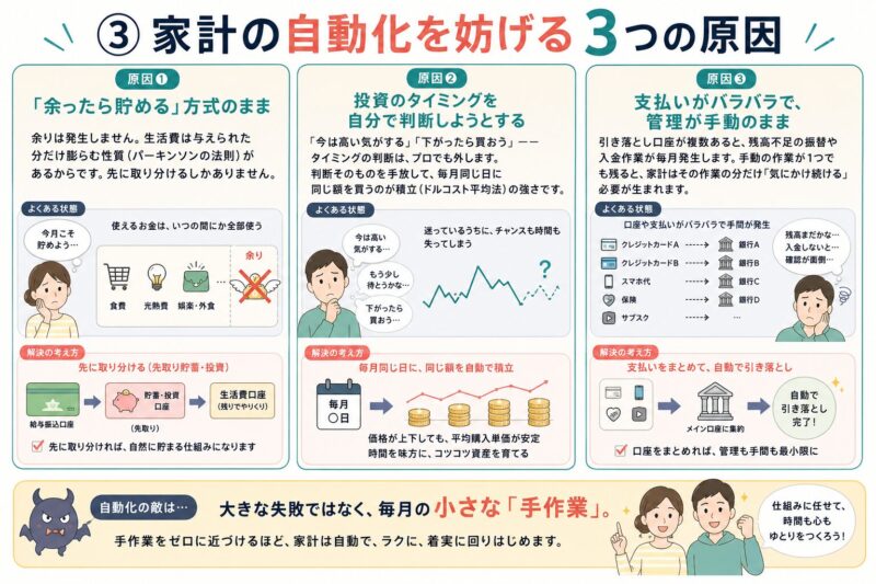 家計の自動化を妨げる3つの原因の図解。余ったら貯める方式・投資のタイミング判断・支払いの手動管理