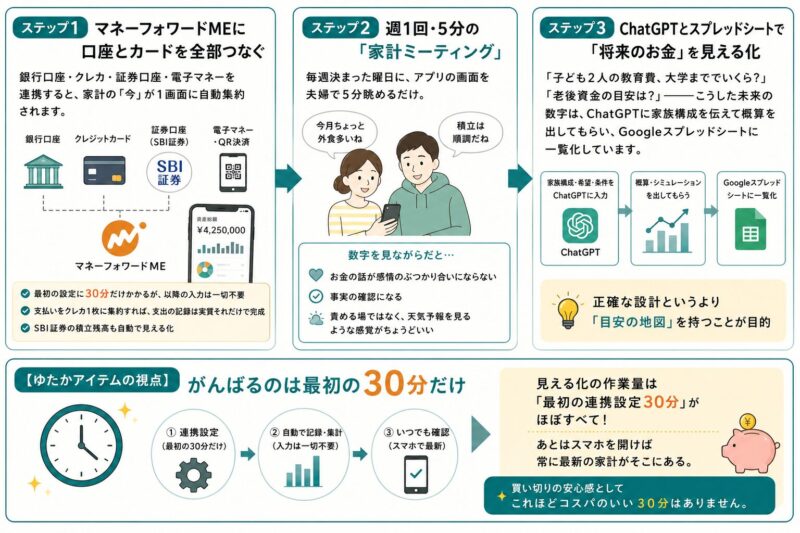 手入力ゼロの見える化3ステップの図解。マネーフォワードME連携・週1の家計ミーティング・ChatGPTで将来費用の概算