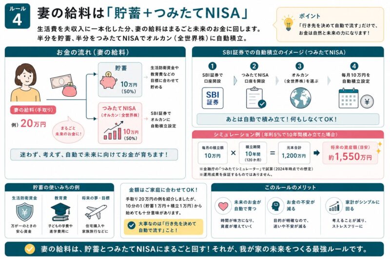 ルール4の図解。妻の給料は貯蓄とつみたてNISAへ。月10万円を年利5%で10年積み立てる試算例
