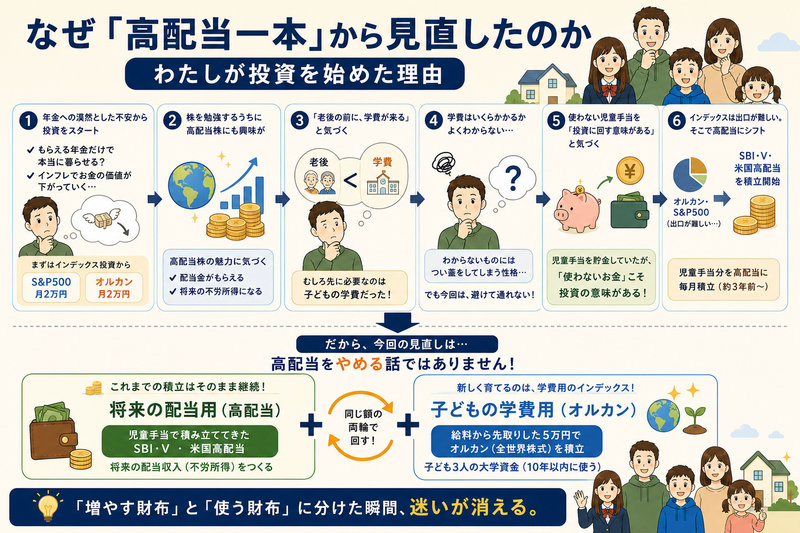 高配当一本からオルカン×高配当の両輪へ見直した理由を6ステップで示す図解