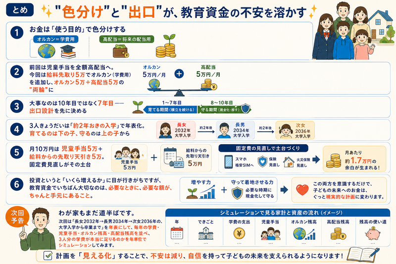色分けと出口設計で教育資金の不安を減らす、わが家の学費準備まとめ図解