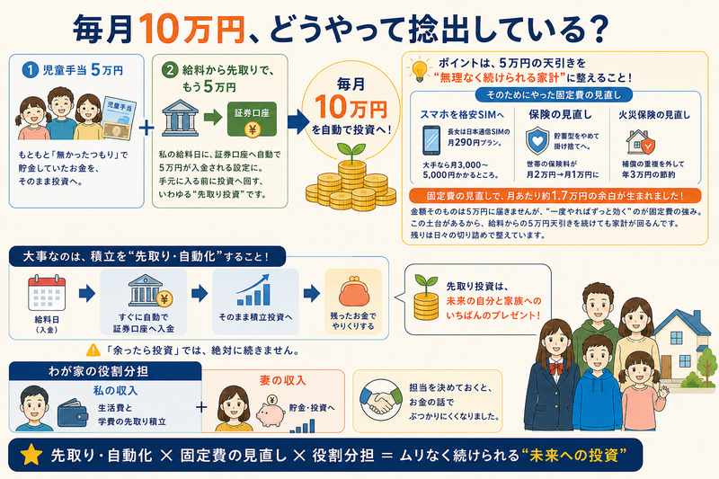 毎月10万円の捻出方法｜児童手当5万円と給料からの先取り5万円、固定費見直しの図解