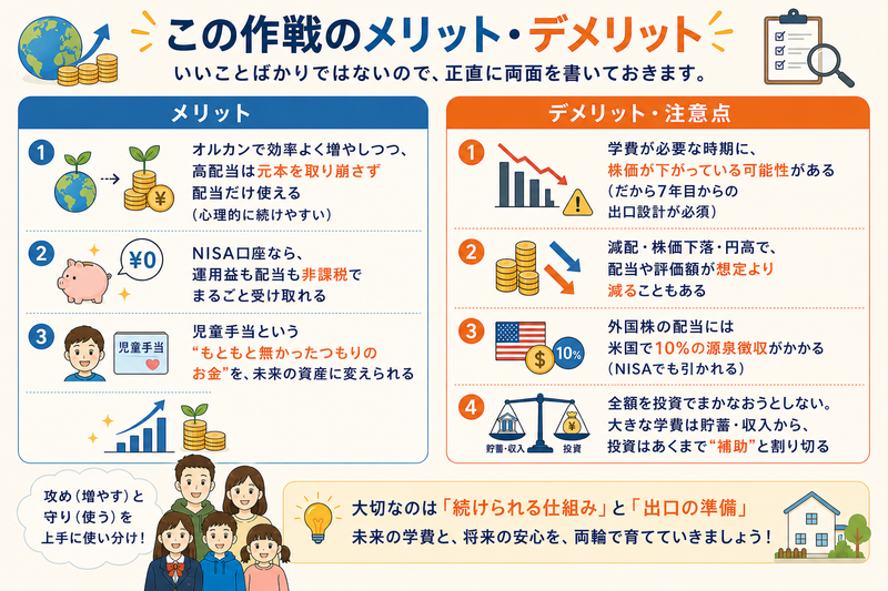 オルカン×高配当で教育資金を準備するメリットとデメリットをまとめた図解