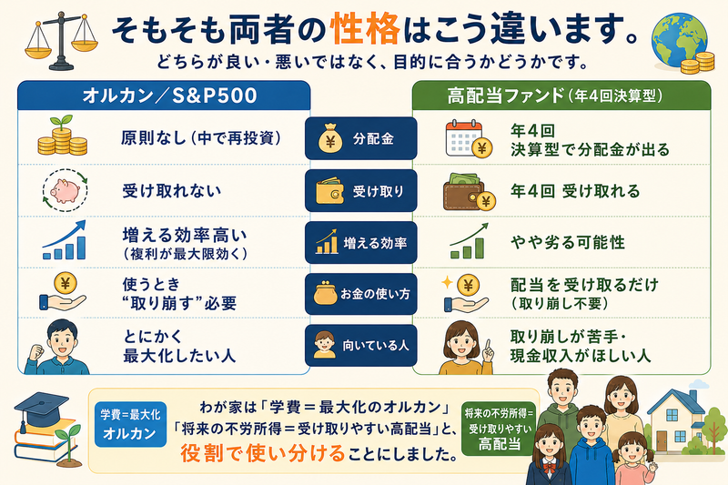 オルカン（全世界株式）と米国高配当ファンドの性格の違いを比較した図解