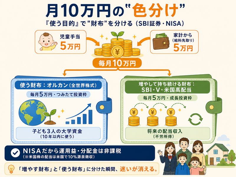 児童手当5万円と給料先取り5万円を、学費用オルカンと将来の配当用の高配当に色分けするわが家の積立図解